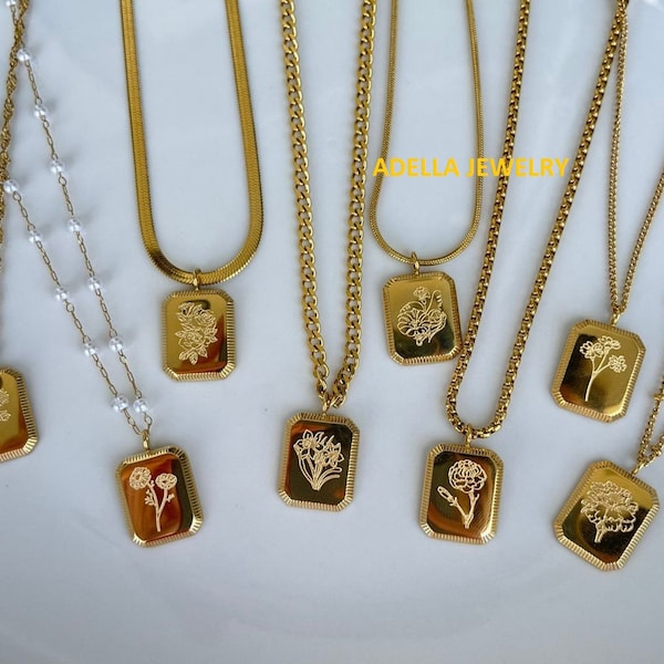 Gold Floral Necklace Birth Month Flower Square Necklace Birth Flower Necklace Anti Tarnish Necklace Jewelry Waterproof 12 Month Necklace