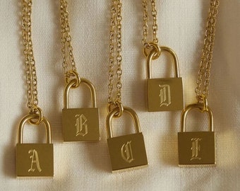 18K Gold Old English Initial Letter Necklace LOCK Necklace Personalized Unisex Gift Thin Lock Initial Necklace Old English Necklace