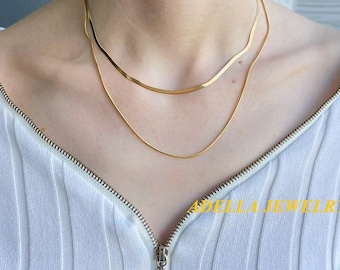 Gold Double Necklace Stainless Steel For Women 2rows Double Layer Snake Chain Necklace Charm Choker Waterproof Necklace Gift For Her