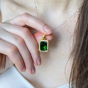 18K Gold Filled Emerald Necklace For Women Square Pendant Necklace Choker Waterproof Jewelry Pink Crystal Chain Necklace Mother's Day Gift