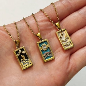 18K Gold Necklace Tarot Card Necklace Rectangle Zodiac Pendant Necklace Anti Tarnish Waterproof Jewelry Personalized Necklace Gift For Her