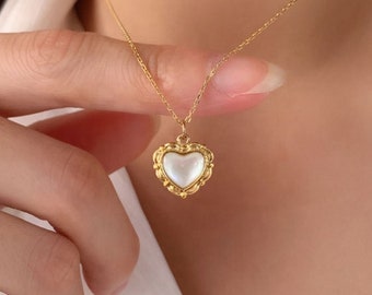 18K Or Rempli Vintage Coeur Collier Nacre Coeur Collier Minimaliste Collier Anti Tarnish Imperméable Blanc Coquille Charme Collier