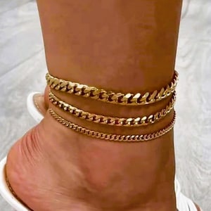 18K Gold Curby Anklet Waterproof Anklet Bracelet Set Stainless Steel Gold Cuban Anklet Set Jewelry Chain Adjustable Length Anti Tarnish Gift
