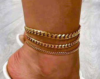 18K Gold Curby Anklet Waterproof Anklet Bracelet Set RVS Gold Cuban Anklet Set Sieraden Ketting Verstelbare Lengte Anti Tarnish Gift