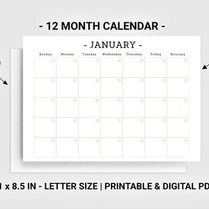 Blank monthly calendar printable digital, Monthly planner, Minimalist calendar