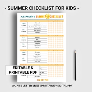 Personalized summer checklist printable digital, Kids chore chart, Kids daily checklist