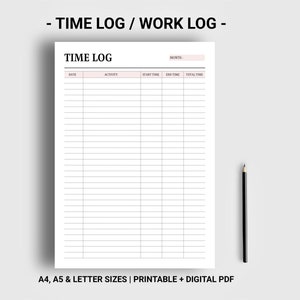 Time log printable digital Work log tracker Project time planner Time sheet template Time Tracker
