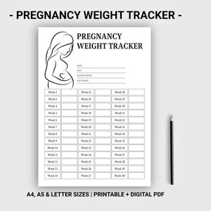May include: A printable pregnancy weight tracker with a black and white illustration of a pregnant woman. The tracker includes a space for name, starting weight, and goal weight. The tracker is divided into weeks, from week 2 to week 40.