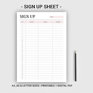 Sign up sheet printable digital Sign in template Sign up form Instant download