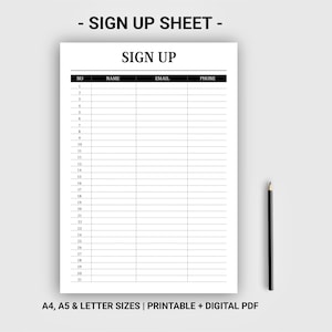 Sign up sheet printable digital Sign up list Sign up form Sign in template Instant download