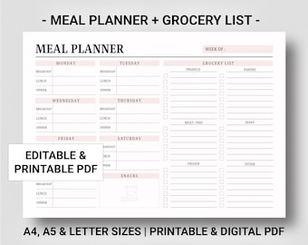 Planificador semanal de comidas y lista de compras imprimible digital, plantilla de registro de alimentos editable