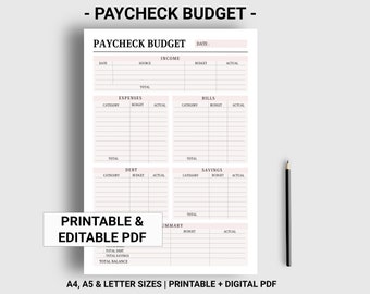 Puede incluir: Planificador de presupuesto imprimible en formato PDF. El planificador de presupuesto se divide en secciones para ingresos, gastos, facturas, deudas, ahorros y un resumen. El planificador está diseñado para ayudar a las personas a realizar un seguimiento de sus finanzas y crear un presupuesto.