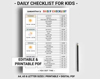 Kids daily checklist printable editable, Personalized chore chart, Kids daily schedule
