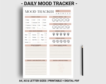 Daily mood tracker printable digital, Anxiety tracker, Self care planner, Mental health journal