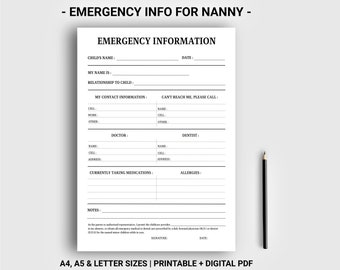 Emergency Information Nanny Emergency contact list Baby emergency info Instant download