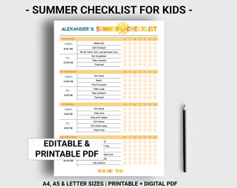 Personalized summer checklist printable digital, Kids chore chart, Kids daily checklist