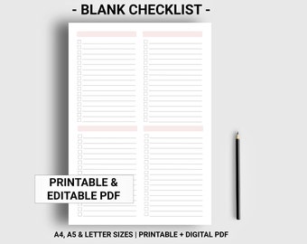 Blank checklist printable digital Weekly to do list Daily to do template Productivity planner