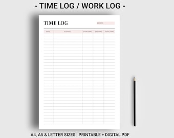 Time log printable digital Work log tracker Project time planner Time sheet template Time Tracker