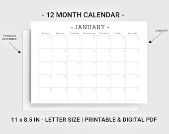 Blank monthly calendar printable digital, Monthly planner, Minimalist calendar
