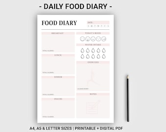 Food diary printable digital Daily food journal Food tracker Daily food Log