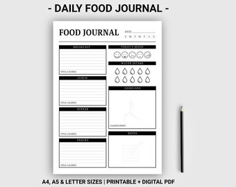 Food Journal printable digital Daily food diary Food tracker Daily food Log