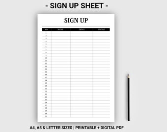 Sign up sheet printable digital Sign up list Sign up form Sign in template Instant download