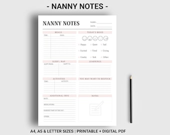 Nanny notes template Nanny report Nanny log printable Babysitter daily information sheet Caregiver checklist