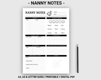 Nanny report Nanny notes Nanny log printable digital Daycare form Caregiver checklist