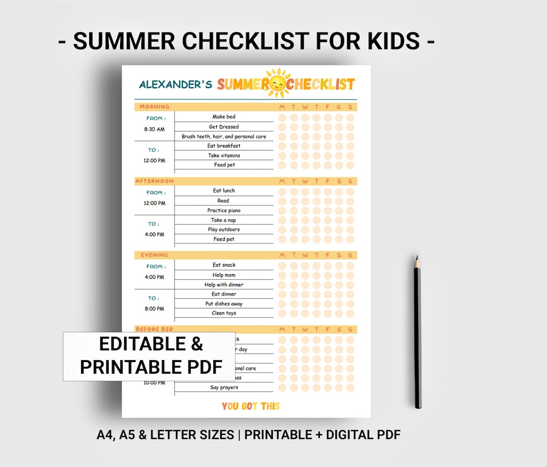 Personalized Summer Checklist Printable Digital, Kids Chore Chart, Kids ...
