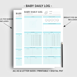 Baby daily log printable digital, Baby tracker, Nanny Log, Babysitter log