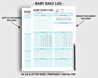 Baby daily log printable digital, Baby tracker, Nanny Log, Babysitter log