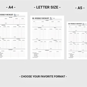以下が含まれることがあります： A4、レター、A5の3つの異なるサイズで印刷可能な2週間ごとの予算テンプレート。テンプレートには、収入、支出、請求書、負債、貯蓄、およびサマリーに関するセクションが含まれています。