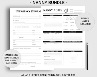 Nanny bundle Nanny notes printable digital Emergency Info Nanny log Emergency contact list Nanny report