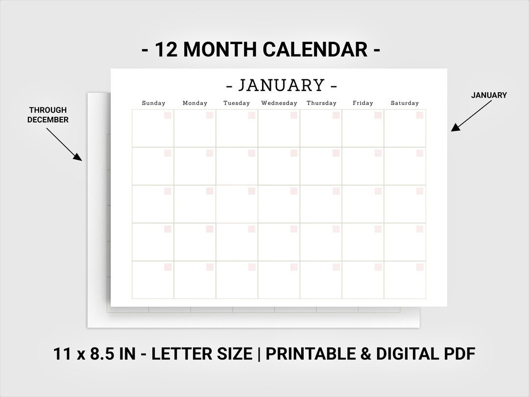 Blank Monthly Calendar Printable Digital, Monthly Planner, Minimalist ...