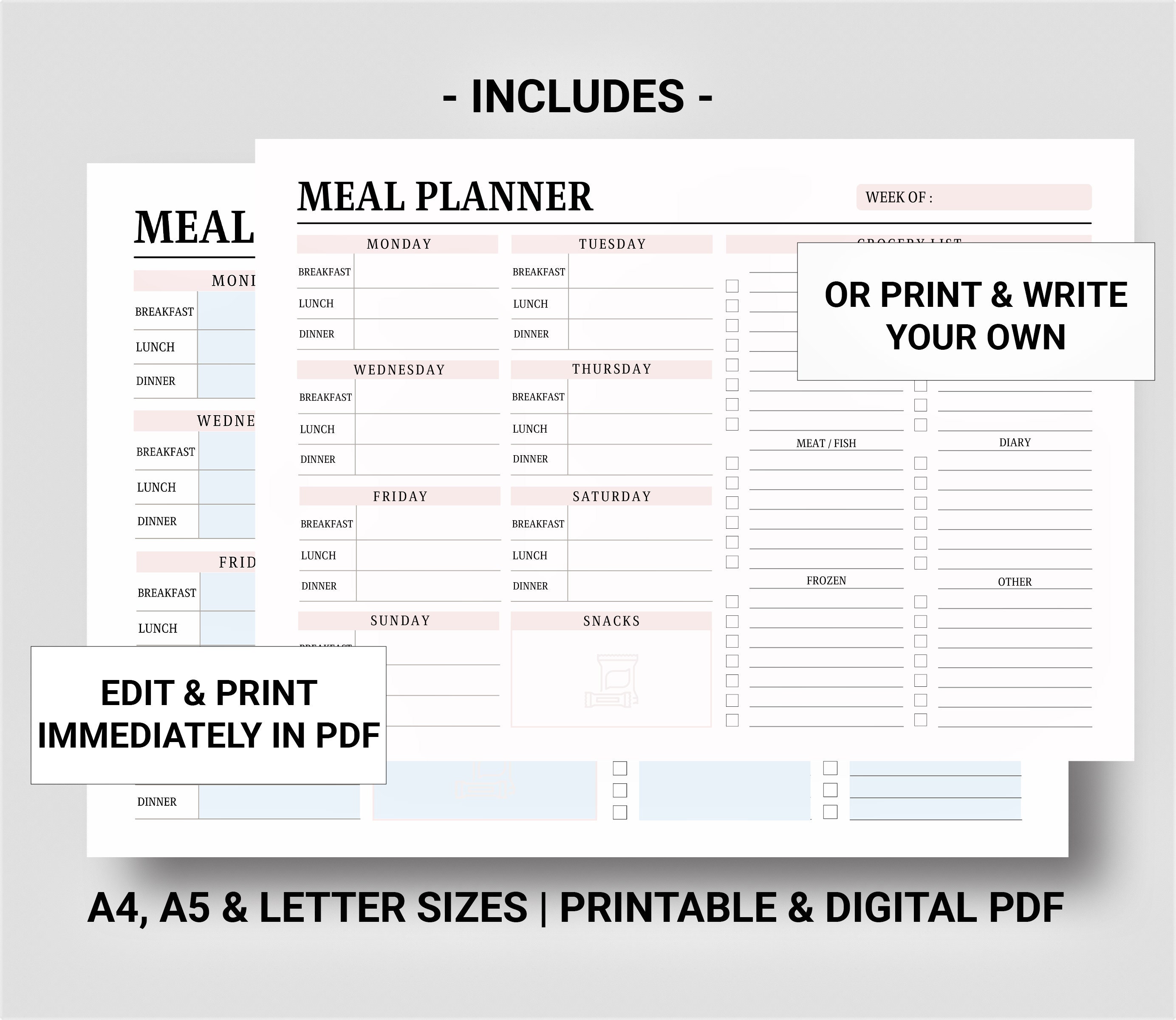 Weekly Meal Planner and Grocery List Printable Digital, Editable Food ...
