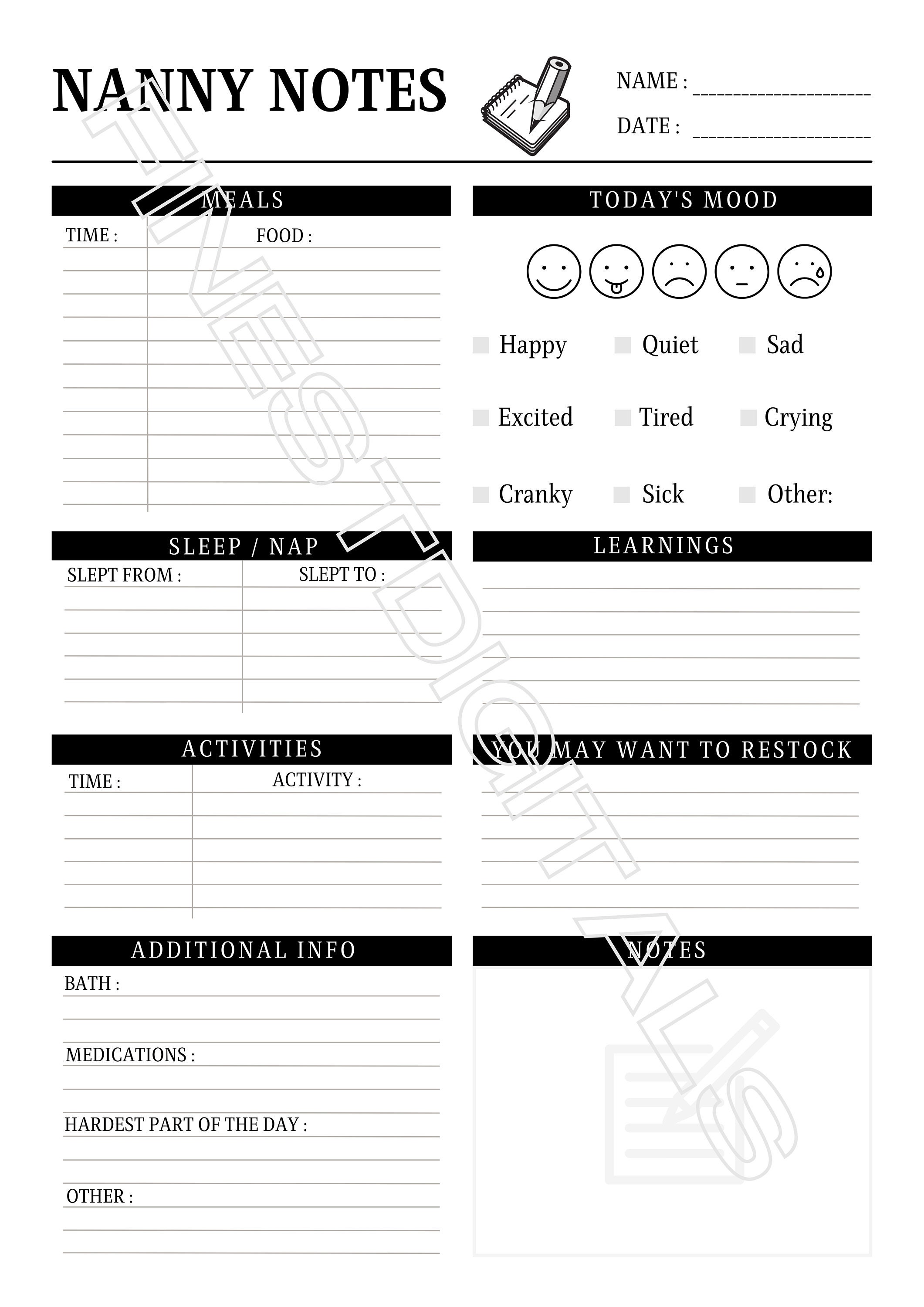 Nanny Bundle Nanny Notes Printable Digital Emergency Info Nanny Log ...