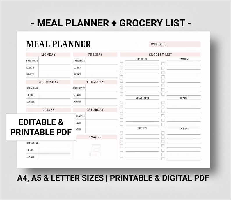 Weekly Meal Planner and Grocery List Printable Digital, Editable Food ...