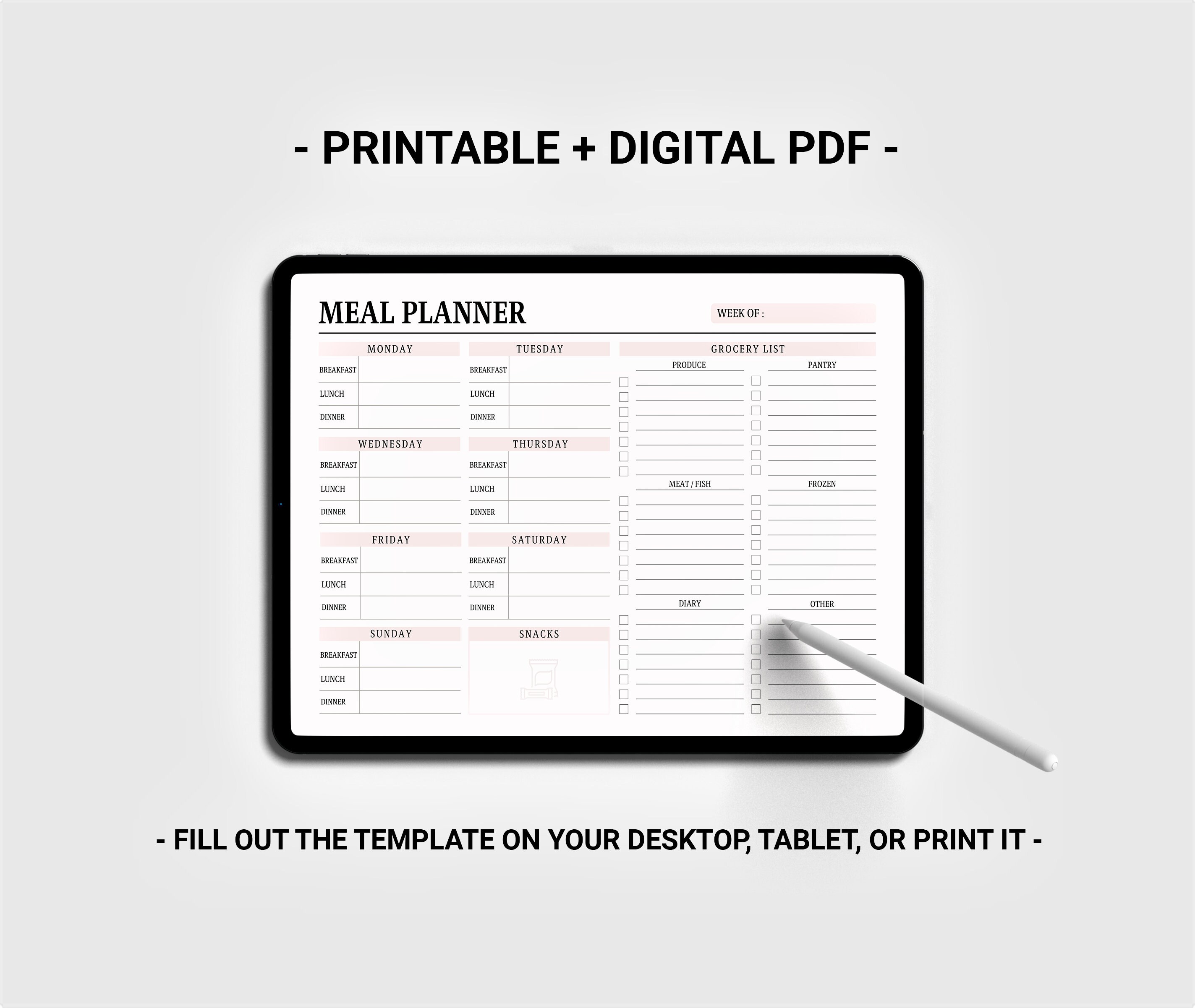 Weekly Meal Planner and Grocery List Printable Digital, Editable Food ...
