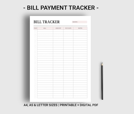 Monthly Bill Tracker Printable Digital Bill Organizer Bill Payment Budget  Planner 