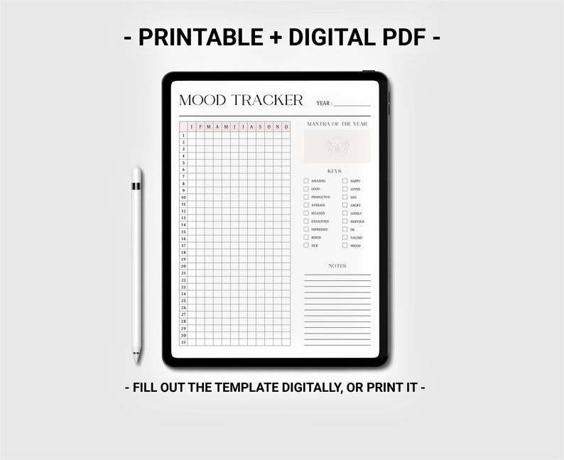 May include: A digital mood tracker template on a tablet screen. The template includes a grid for tracking moods throughout the year, a section for a mantra of the year, and a list of mood keywords.