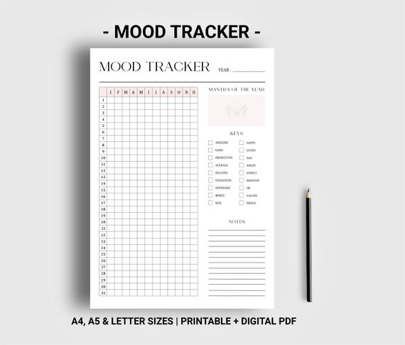 Yearly mood tracker printable digital, Selfcare planner, Anxiety Tracker, Mental health journal