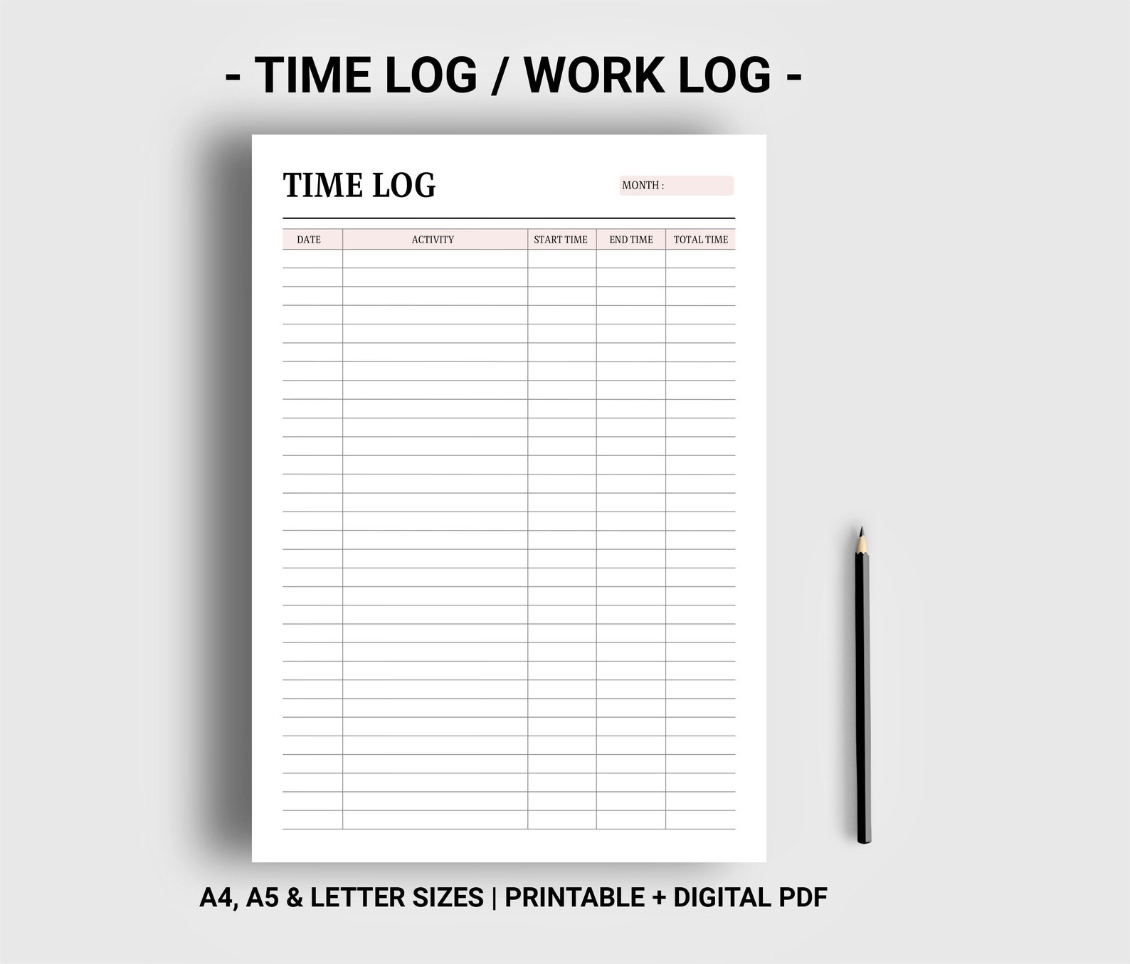 Time Log Printable Digital Work Log Tracker Project Time Planner Time ...