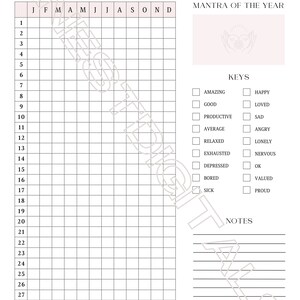 May include: A printable mood tracker with a grid for each month of the year. The grid is for tracking mood with a key listing words like "amazing", "good", "productive", "average", "relaxed", "exhausted", "depressed", "bored", "sick", "happy", "loved", "sad", "angry", "lonely", "nervous", "ok", "valued", and "proud".