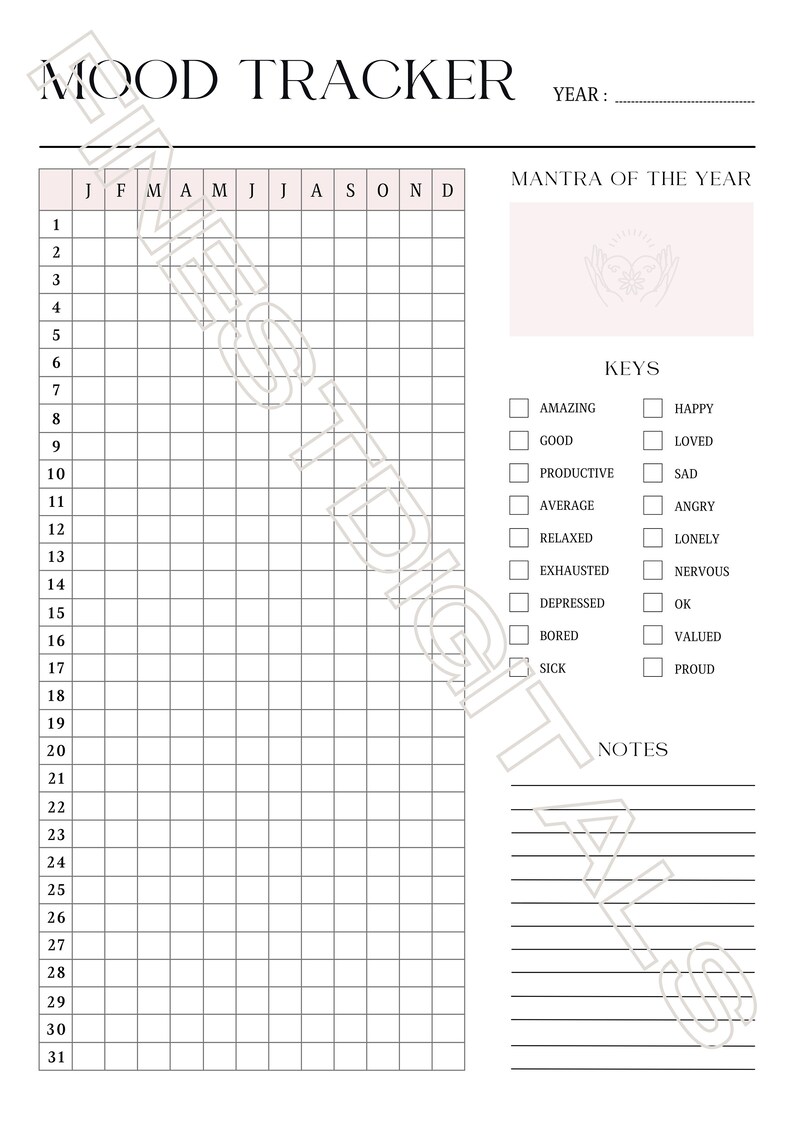 May include: A printable mood tracker with a grid for each month of the year. The grid is for tracking mood with a key listing words like "amazing", "good", "productive", "average", "relaxed", "exhausted", "depressed", "bored", "sick", "happy", "loved", "sad", "angry", "lonely", "nervous", "ok", "valued", and "proud".