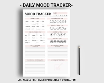 Daily mood tracker printable digital, Anxiety tracker, Selfcare planner, Mental health journal