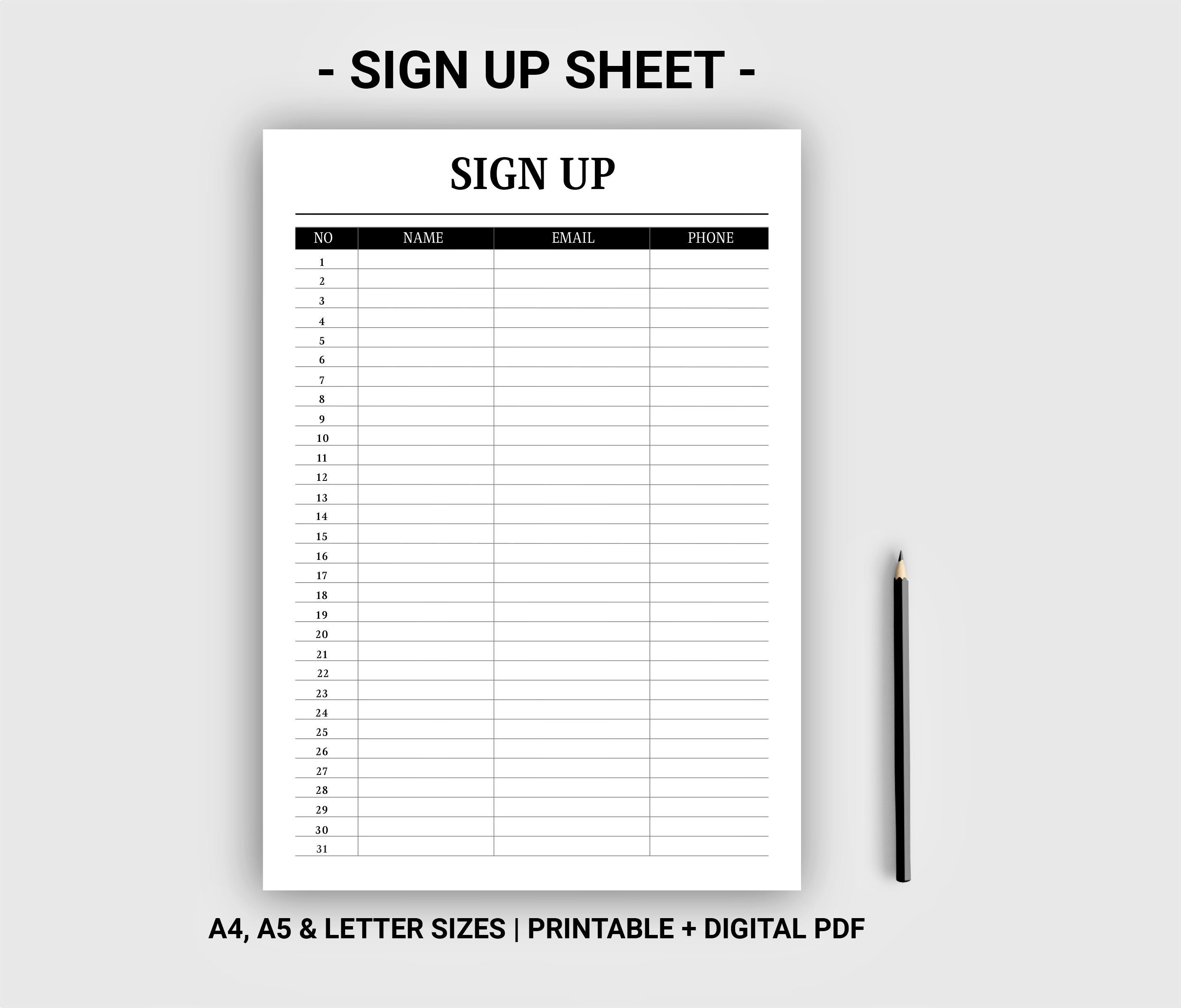 Sign up Sheet Printable Digital Sign up List Sign up Form Sign in
