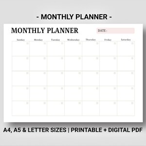 Monthly planner Monthly to do list Minimalist planner Printable Digital planner Instant download
