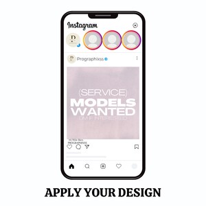 May include: A smartphone screen displaying an Instagram post with a pink background and the text "(SERVICE) MODELS WANTED DM IF INTERESTED". The post has 10,785 likes and is from the user "Prographixss".