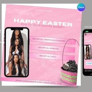 May include: Pink and white graphic with the text "HAPPY EASTER" and "ADD TO YOUR EASTER BASKET!"  A phone screen shows three women with long black hair.  The graphic also includes a basket filled with hair extensions and the text "$20 OFF ALL FRONTALS & CLOSURES", "$20 OFF ALL BUNDLES", and "$30 OFF ALL WIGS".  The graphic also includes the text "WWW.HAIRWEBSITE.COM | VALID UNTIL 4.1.24".