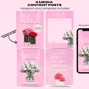 Kit de contenido de floristería, Publicaciones para floristería, Ramo del Día de la Madre, Reseñas de clientes, Lista de precios de floristería, Trate su publicación, Publicación de ramo de flores